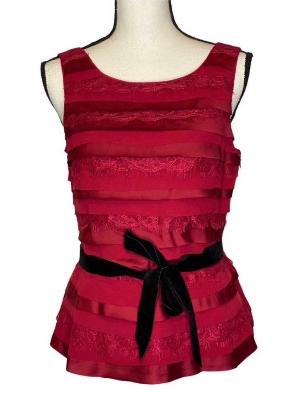 White House Black Market Burgundy Sleeveless Layered Peplum Top with Black Tie - Picture 4 of 7